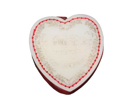 A rare heart shaped pin cushion one side in mother of pearl engraved with a titled view 'Napoleon's House' (Longwood St Helen