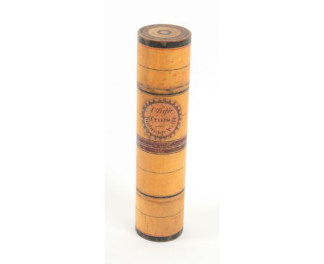 An early Tunbridge ware paint and label decorated cylinder box in three sections, the base compartment formerly with ink bott