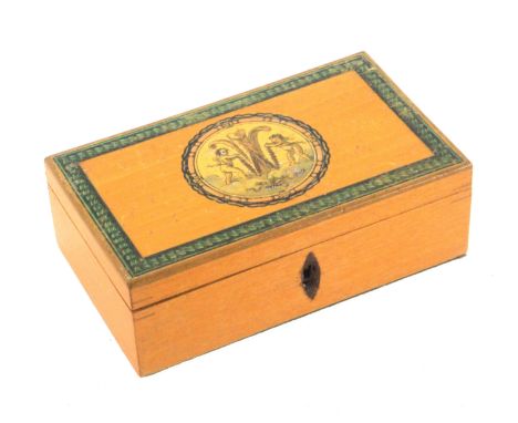 An early Tunbridge ware print and paint decorated white wood rectangular box, the hinged lid with a central circular print of
