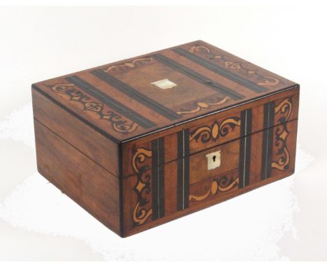 A walnut and inlaid sewing box, circa 1880, of rectangular form, the front and lid inlaid in various woods with scrolls, herr