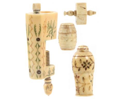 Four early 19th Century bone pieces, probably French Prisoner of War work, comprising a sewing clamp with thimble recess and 
