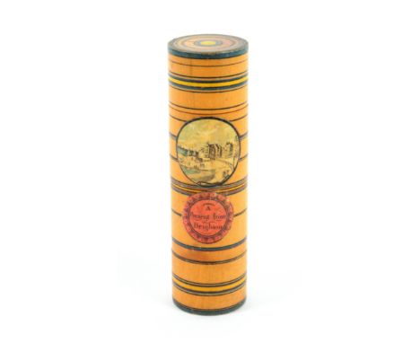 An early Tunbridge ware print and paint decorated cylinder box in three sections, the base compartment formerly with ink bott
