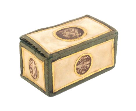 A late 18th Century vellum, print decorated and material sewing companion, of rectangular form, initialled to the front in a 