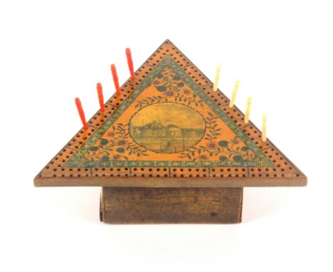 An unusual early Tunbridge ware painted white wood cribbage board of triangular form, centred by a circular colour print of B
