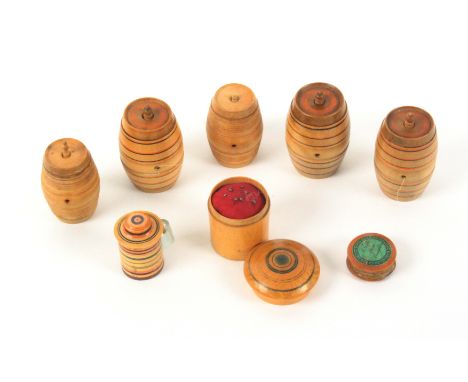 Eight early Tunbridge ware white wood sewing accessories, comprising a set of three ring painted cotton barrels, 4.6cms, two 