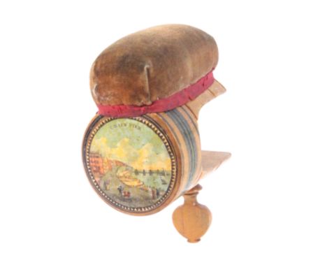 An early print and paint decorated Tunbridge ware sewing clamp, the white wood line painted cylinder body decorated to one en