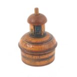 A rare early painted Tunbridge ware whitewood combination pin poppet and cottage form tape