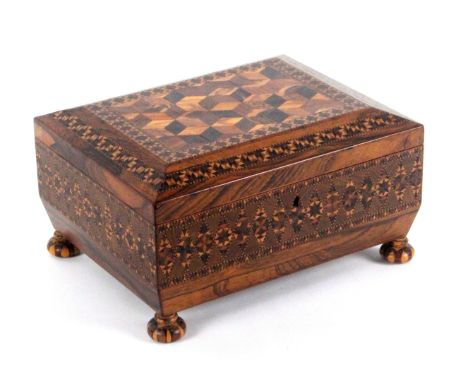 A good Tunbridge ware rosewood stick ware decorated sewing box, well fitted, circa 1840, of sarcophagal form raised on bold s