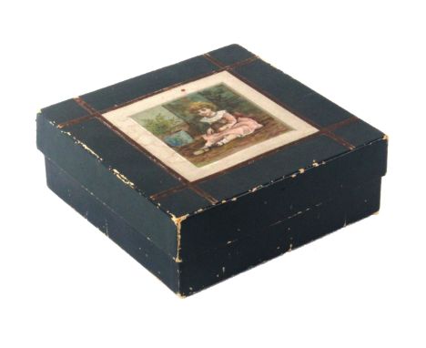 A deep green cardboard sewing box for a child, circa 1880, of square form, the lid with colour print of a young girl with a c