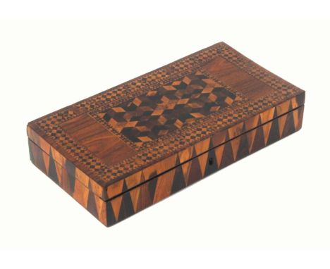 An unusual Tunbridge ware rectangular rosewood box, of shallow form, the hinged lid with a panel of cube work within a border