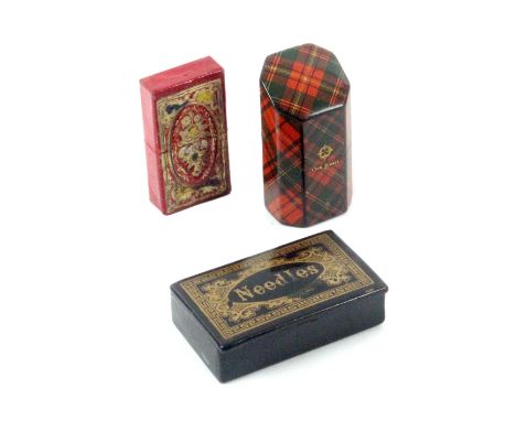 Three needle packet boxes, comprising a Tartan ware example (Clan Stuart), the slant top over an octagonal body, 5.5cms high,
