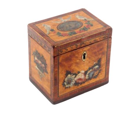 A Georgian satinwood tea caddy, of rectangular form with cross banded and strung edges and painted with flowers, basket of fl