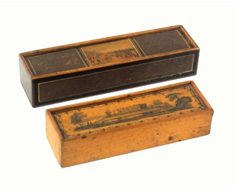 Two early Tunbridge ware white wood rectangular boxes, each with sliding lid, the larger with a central colour print to the l