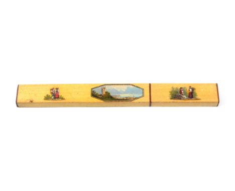 A good Spa work knitting needle case, of rectangular form one long side painted with a panel of a lake, buildings and mountai
