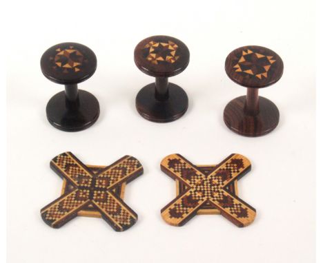 Tunbridge ware - sewing, five pieces, comprising two cross form thread winders in mosaic, each 5.5cms, and three rosewood ree