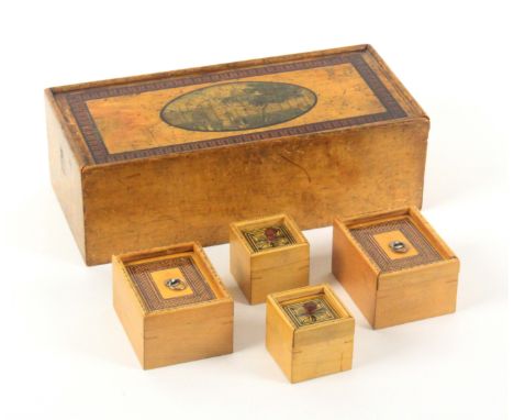 An early Tunbridge ware white wood print and paint decorated box and two pairs of smaller boxes, the first of rectangular for