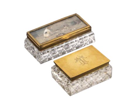 Two glass and brass mounted stamp boxes, comprising a rectangular triple recess example, the hinged lid inset with a colour p