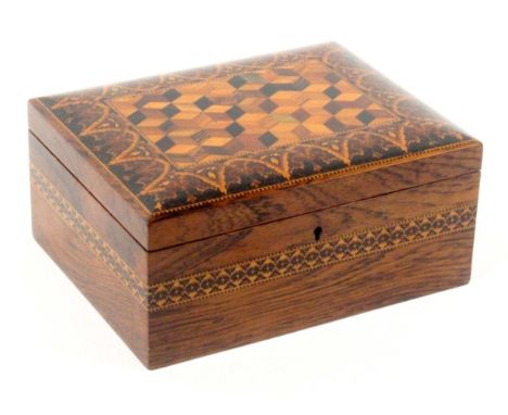 A rosewood Tunbridge ware sewing box of rectangular form, the cushion form lid with a cube work panel within a broad geometri