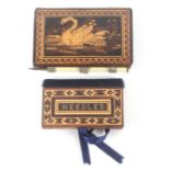 Two Tunbridge ware needle books, comprising a large example, one cover with a mosaic panel of a
