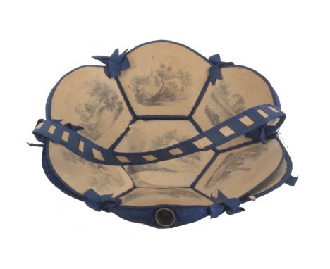 A card and ribbon sewing pannier of hexagonal form circa 1840, with seven pencil drawn views of buildings and landscapes, div