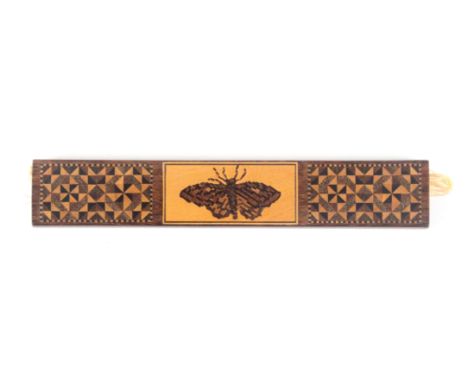 A Tunbridge ware rosewood skein case, of rectangular form the upper face with a mosaic panel of a butterfly set in white wood