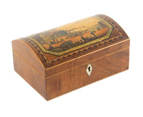 An early Tunbridge ware print decorated and inlaid mahogany box of rectangular form, the hinged domed lid with a colour print