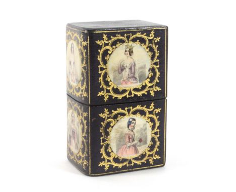 A maroon leather lady's companion of book form, circa 1860, with six circular colour prints of fashionable ladies within gilt