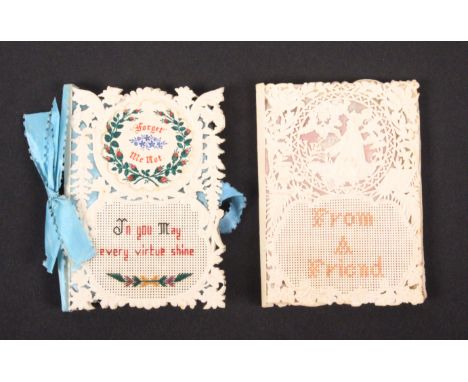 Two Bristol card needle books apparently in their original box, each in embossed and pierced card, one with painted panel 'Fo