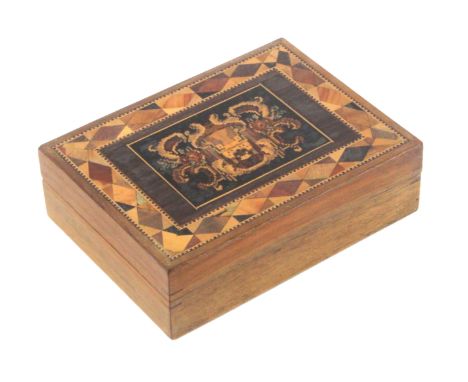A late Tunbridge ware rectangular card box, probably Royal Tunbridge Wells ware, the hinged lid with a rectangular geometric 