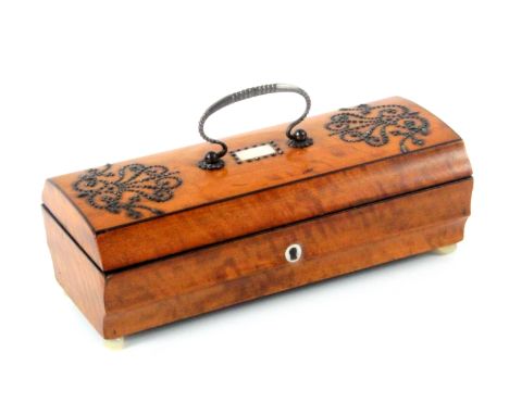 An attractive Palais Royal small format sewing box, circa 1830, and later fitted, the satinwood box of rectangular form and b