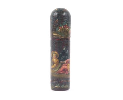 A late 18th Century French Vernis Martin etui, of cylinder form with domed cover, the base incorporating a patch box with mir