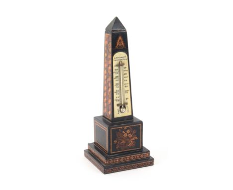 A 19th Century Tunbridge ware desk thermometer of obelisque form by Henry Hollamby, the stepped base with bands of mosaic, th