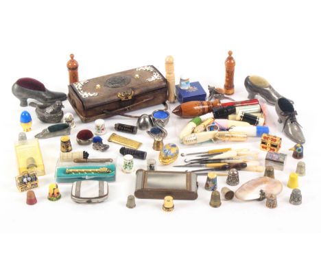 A mixed lot - sewing, including a French leather sewing companion, 16cms, seven soft metal and other pin cushions, two mother