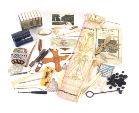 A mixed lot - sewing, comprising a continental embroidered strip sampler, 9 x 107cms, a beadwork small purse, some loss, a wo