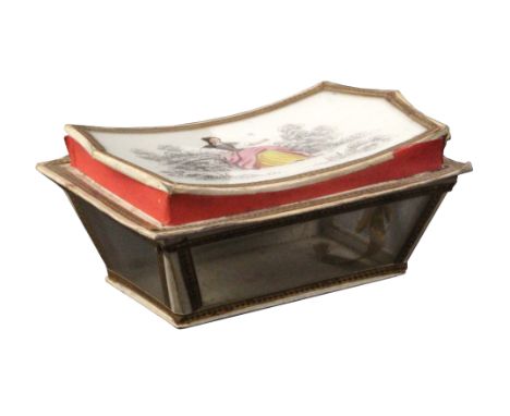 A French card and glass bonbonniere, of sarcophagal form, the curved glass lid with a print of a lady in a garden landscape, 