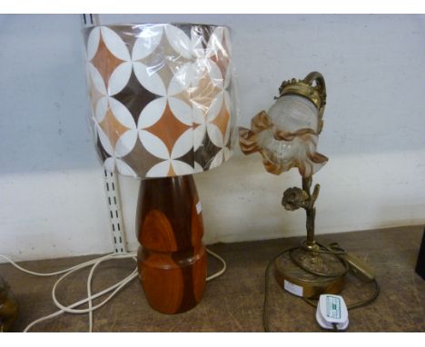 A hardwood table lamp and a brass Art Nouveau style brass table lamp 