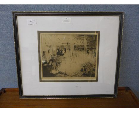 John R. Hanky, etching with drypoint, a Dance Hall, Paris, framed 