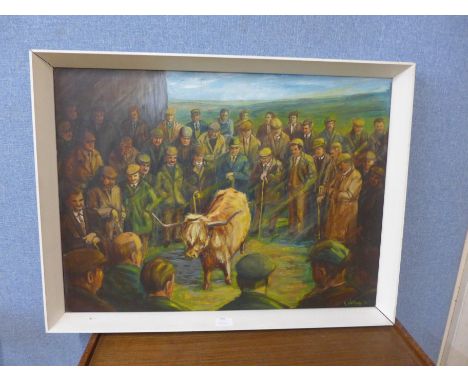 K. Waltham, cattle auction, oil on board, framed 