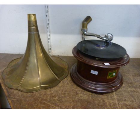 A H.M.V. table top gramophone, with horn speaker 