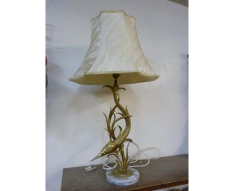 An Italian style brass marlin table lamp, on white marble base 