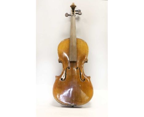 Violin 14 1/4" two piece back, no label, branded 'Hopf' under button, cased