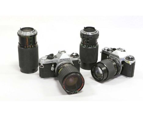 Pentax ME Super Camera with Sunagor f3.5-5.5 28-100mm lens; Pentax ME with Cosina f3.5 135mm lens; together with Bell &amp; H