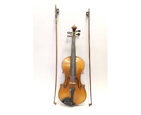 Violin 14 1/8" two piece back, labelled 'Manufactured in Dresden Imitation Of Berlin Joseph Guarnerius' with letter 'L' in la