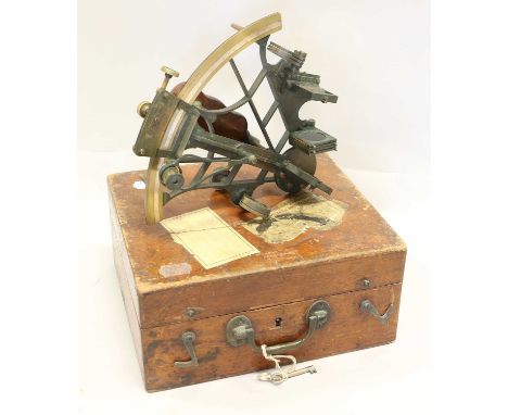 Sextant By Sewill (Maker To The Royal Navy, Liverpool) 7 1/2" radius, with Vernier scale, cased with eye pieces with label to