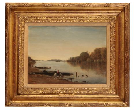 LEON VILLEVIEILLE,  (1826-1863)  A river scene with a young boy on horseback waiting patiently whilst his horse takes a drink