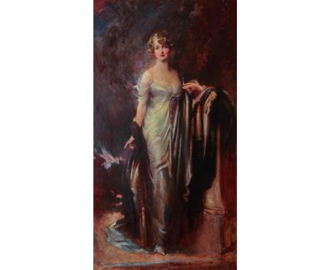 HAL HURST (1865-1938) A full-length portrait of Miss Florence Milner depicted standing against a pillar wearing an evening dr