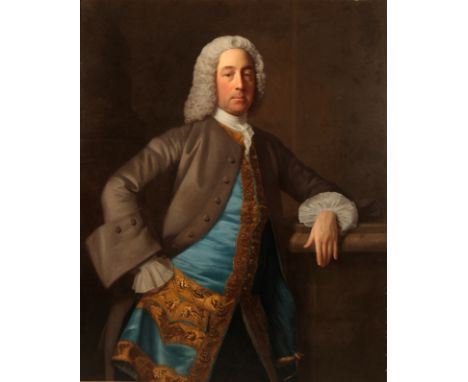 ALLAN RAMSAY (1713-1784) Portrait of James Bateman (d.1758) three quarter length standing, wearing a bright blue waistcoat an