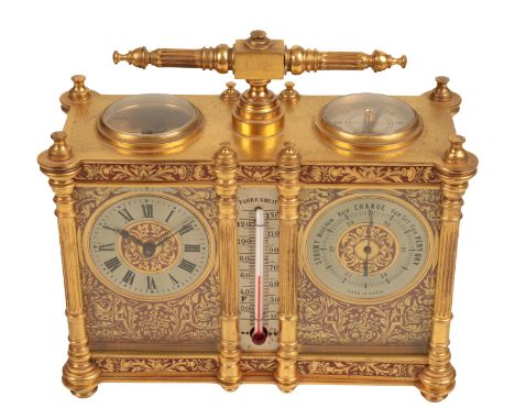 A FRENCH BRASS AND CHAMPLEVÉ ENAMEL-MOUNTED COMPENDIUM CARRIAGE TIMEPIECE AND BAROMETER circa 1890, the pillared case with re
