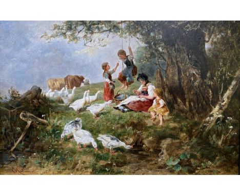 ANTONIO MANTEMEZZO (1841-1898) A famer, some children and a flock of geese under a tree signed lower left, oil on panel, 21cm