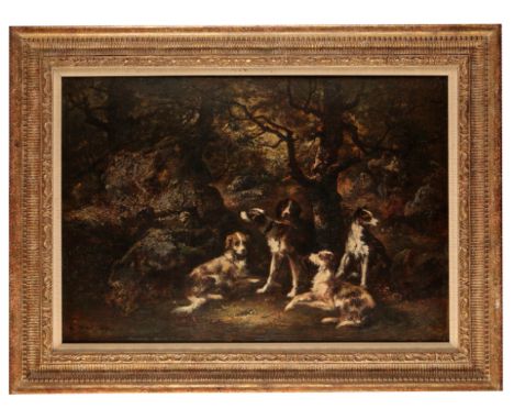 NARCISSE VIRGILE DIAZ DE LA PENA (1808-1876)  Pack of dogs in the Forest of Fontainbleau signed and dated (18)59 lower left, 